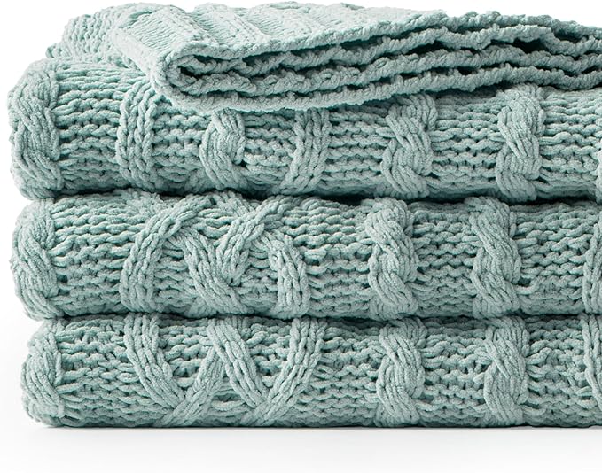 Battilo Sage Green Throw Blanket for Couch, 51"x67", Soft Cozy Chenille Throw Blanket, Knit Blanket Sage Throw, Decorative Boho Throw Blanket for Living Room