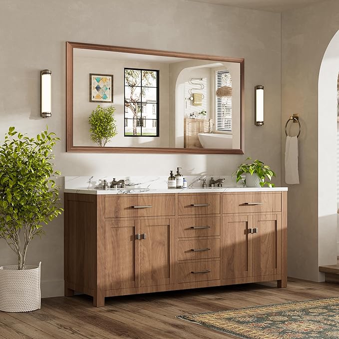 72x36 Inch Bathroom Mirror for Wall, Anti-Rust Walnut Wood Grain Metal Framed Bathroom Mirrors for Over Sink,Rectangler Mirrors for Bathroom Vanity, Farmhouse, Bedroom, Living Room, Entryway Decor