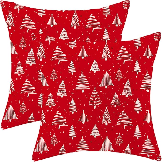 Christmas Pillow Covers 18 x 18 Inch, Red Cream Christmas Tree Decor Throw Pillows for Home Couch Bed, Winter Xmas Snowflake Holiday Decorative Pillowcase Linen Cushion Cover Set of 2