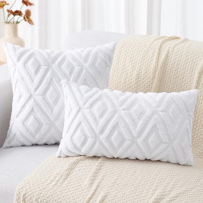 decorUhome Couch Throw Pillow Covers 12x20 Set of 2, Decorative Soft Plush Faux Wool Lumbar Neutral Accent Pillow Covers for Bed Sofa Living Room, Pure White