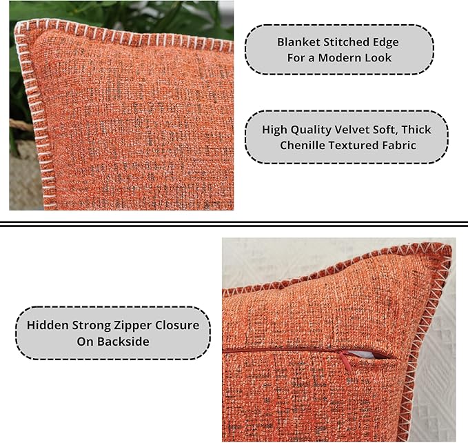 Lumbar Pillow Covers with Stitched Edge 12x20 inch Orange Set of 2 Soft Textured Chenille Oblong Rectangular Cushion Covers Modern Decorative Pillowcases for Chair Sofa Couch Pillows