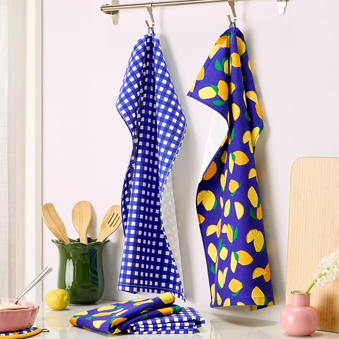 Kate Spade New York Lemon Party and Spring Gingham Kitchen Towels 4-Pack Set, Absorbent 100% Cotton, Navy Blue/Yellow, 17"x28"