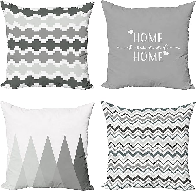Ambesonne Modern Throw Pillow Cushion Case Pack of 4, Geometric Style Pattern of Triangles Zigzags Love Home Phrase Print, Modern Accent Double-Sided Digital Printing, 24", Pale Grey White and Dimgray