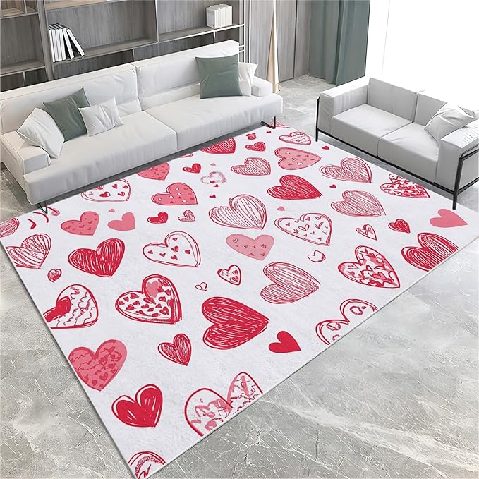 Area Rug 8x10 ft Cartoon Hand-Painted Red Love Living Room Non-Slip Rug, 3D Print Floor Carpet, Soft Large Area Rugs for Bedroom Dining Room Kitchen, Washable Low-Pile Rug
