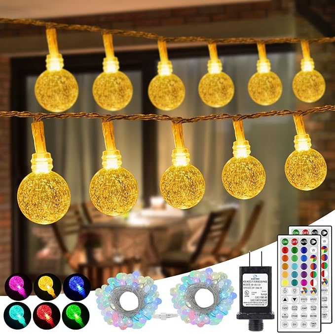 OMIKA Globe Outdoor String Lights Plug in, Connectable 66ft 120LED Crystal Ball Light Waterproof Remote, 24 Colors Decorative Lights for Patio Umbrella Tent Garden Eaves Party Indoor Christmas Décor