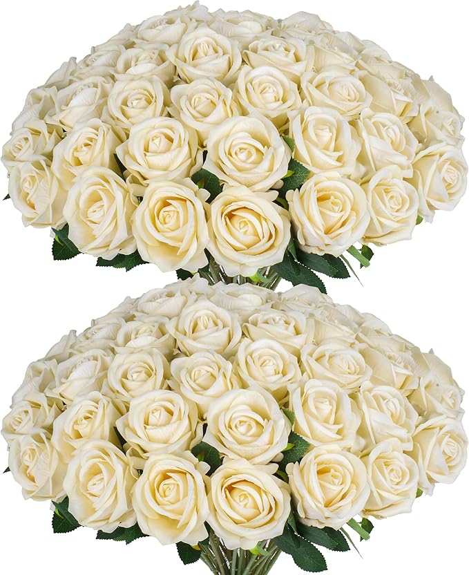 50 PCS Fake Champagne Roses, Artificial Flowers Bulk Realistic Silk Faux Rose with Stems for Wedding Decorations, Bridal Bouquets, Mother's Day Thanksgiving DIY Floral and Home Decor