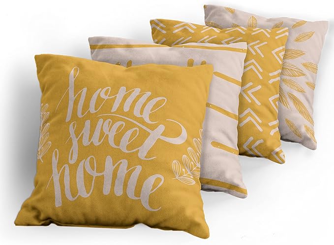 Ambesonne Modern Throw Pillow Cushion Case Pack of 4, Scandinavian Minimal Ornaments Boho Feather Leaves and Home Phrase, Modern Accent Double-Sided Digital Printing, 18", Pale Tan and Earth Yellow
