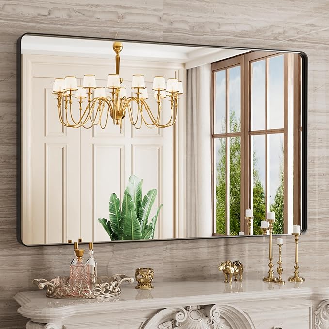 Black Bathroom Mirror 48X30 Inch, Black Metal Framed Mirror for Wall, Rounded Rectangle Matte Bathroom Vanity Mirror with Tempered Glass, Anti-Rust, Horizontal/Vertical