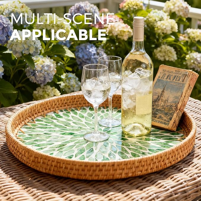 13.8 in Round Rattan Tray with Mother of Pearl Inlay, Wicker Serving Tray Mother for Decor, Rattan Round Wicker Coffee Table Tray for Coffe Friut Bread, Green Leaf