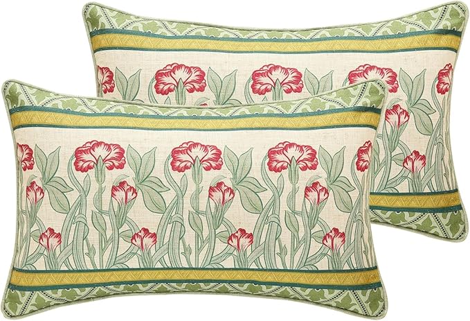 patdrea Designer Pack of 2 Rectangle Throw Pillow Covers,French Vintage Rustic Linen with Green Floral Pattern Pillows Cover,Decorative Lumbar Pillowcases Cushion for Bed Living Room,12"x20"