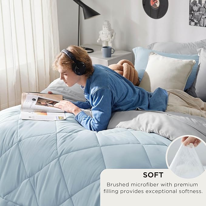Bedsure Full Size Comforter Set - 7 Pieces Reversible Sky Blue Bedding, Full Size Bed Set for All Seasons, Bed in a Bag with Down Alternative Comforter, Sheets, Pillowcases & Shams