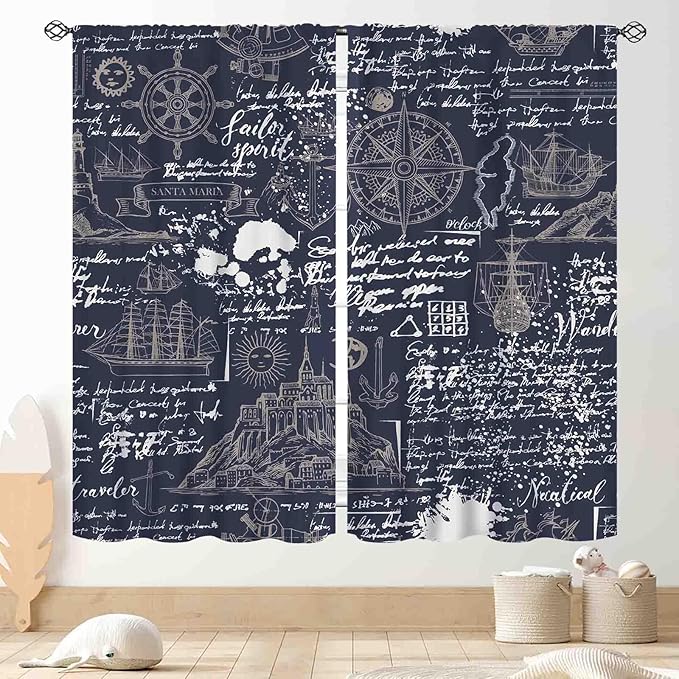 Vintage Nautical Curtains, Marine Coastal Sailboat Compass Anchor Ocean Beach Old Pirate Map Navy Blue Blackout Retro Drapes for Bedroom Living Room Kitchen Bathroom Window 2 Panels, 52"x84" Inch