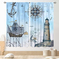 Nautical Curtains, Vintage Marine Coastal Sailboat Compass Anchor Ocean Beach Lighthouse Watercolor Blue Decorative Drapes for Bedroom Living Room Kitchen Bathroom Window 2 Panels Set, 55"x63" Inch