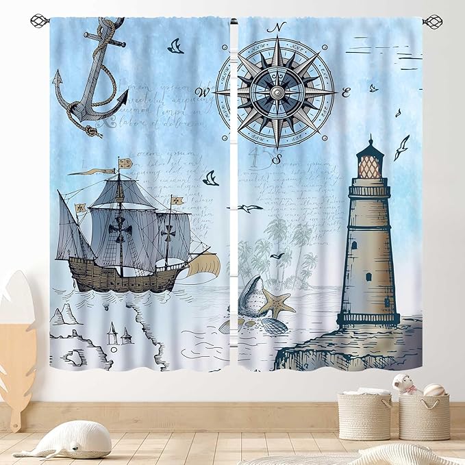 Nautical Curtains, Vintage Marine Coastal Sailboat Compass Anchor Ocean Beach Lighthouse Watercolor Blue Decorative Drapes for Bedroom Living Room Kitchen Bathroom Window 2 Panels Set, 55"x63" Inch