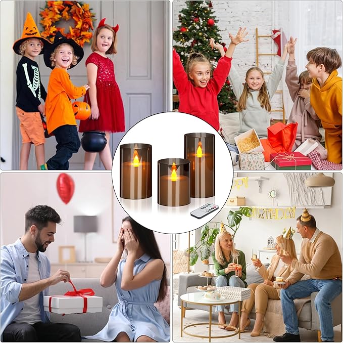 Flameless Candles 4" 5" 6" Acrylic Glass Pillars 3" Diameter Battery Operated Flickering Candles Include Remote with 24Hour Timer Function 400+ Hours by 2 AA Batteries (Gray, Warm Light 12 Pack)
