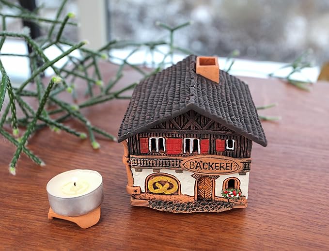 Ceramic Miniature House of The Original Bakery in Bavaria Germany, Tea Light Candle Holder Home Decor Handmade from Clay Tiny House