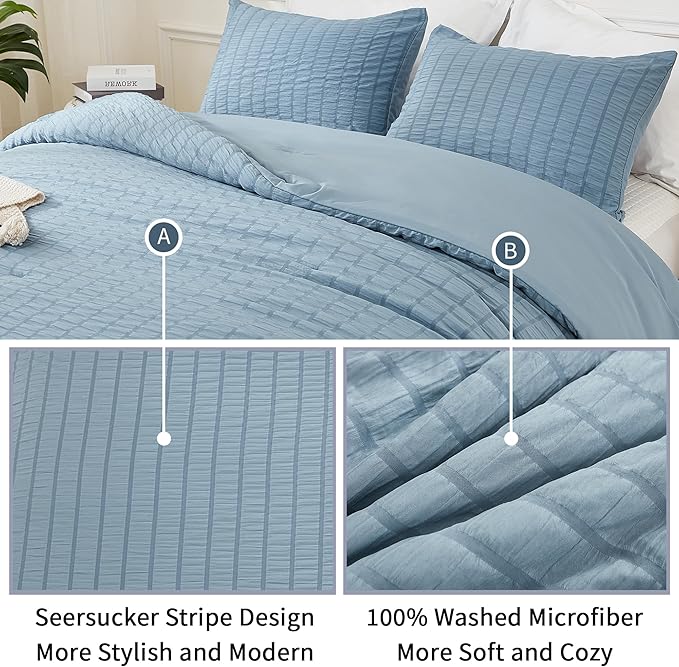 AveLom Seersucker Queen Comforter Set, 90x90, Grayish Blue, 3 Pieces - Soft Microfiber Down Alternative Bedding