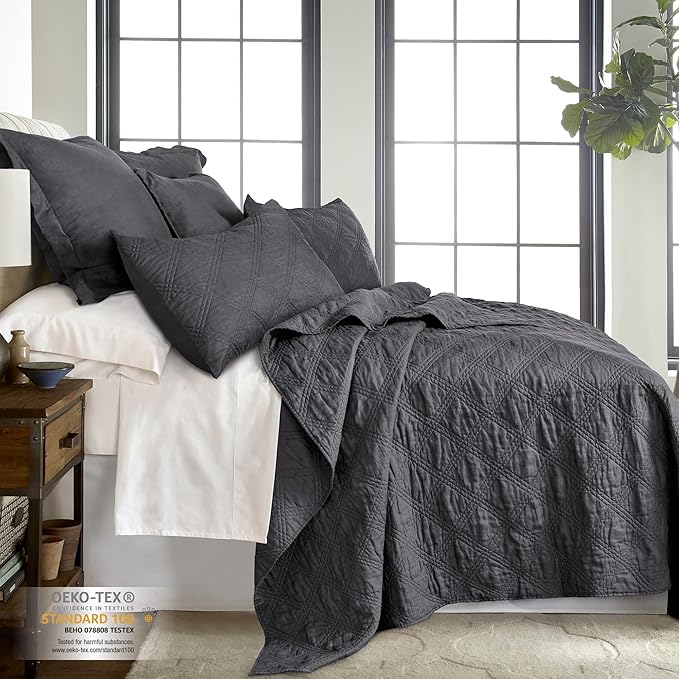Levtex Home - 100% Linen Front/100% Cotton Back - Full/Queen Quilt - Washed Linen - Charcoal - Quilt Size (88 x 92in.)