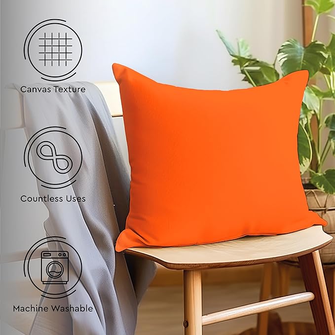 Encasa XO Throw Pillow Covers 16x16 in Set of 2 Orange | No Inserts | Cotton Pillow Covers for Living Room, Bed, Sofa, Couch | Decorative Cushion Covers with Improved Zippers