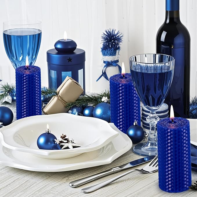 KONNI Beeswax Blue Pillar Candles Set of 3, 2"x 4" Unscented Pillar Candles Bulk, 20 Hours Long Burning Candles, Smokeless&Dripless Large Round Candle for Wedding, Decoration, Parties, Spas, Dinner