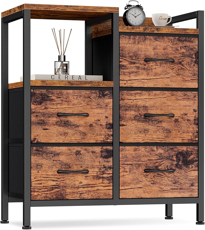 Furnulem 5 Drawer Rustic Brown Dressers for Bedroom 2 Tier Shelf Storage Small Fabric Dresser for Closet Sturdy Metal Frame Modern Style Storage Cabinets Organization Units for Hallway Rooms