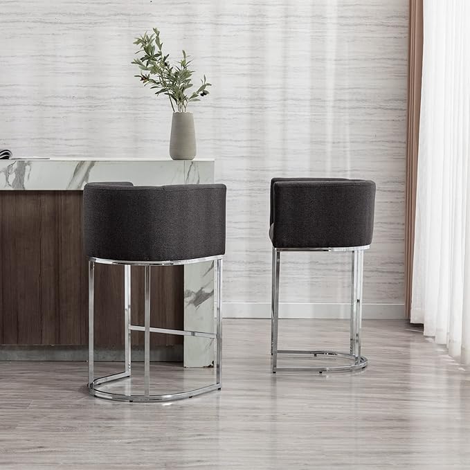 Modern Counter Height Linen Upholstered Bar Stools Set of 2, 29" Kitchen Counter Island Stools Bar Chairs with Chrome Finish Metal Frame for Kitchen Island, Charcoal