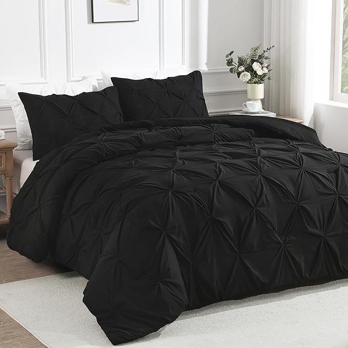 Andency Black Pinch Pleat Comforter Twin(66x90Inch), 2 Pieces(1 Pintuck Comforter, 1 Pillowcase) Pintuck Comforter Set,Microfiber All Season Down Alternative Comforter Bedding Set