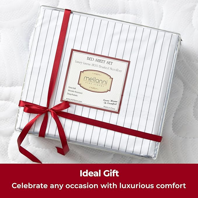 Mellanni Full Sheets Set - 4 PC Iconic Collection Bedding - Hotel Luxury, Extra Soft, Cooling Bed Sheets - Wrinkle, Fade, Stain Resistant (Full, Pin Stripe Gray)