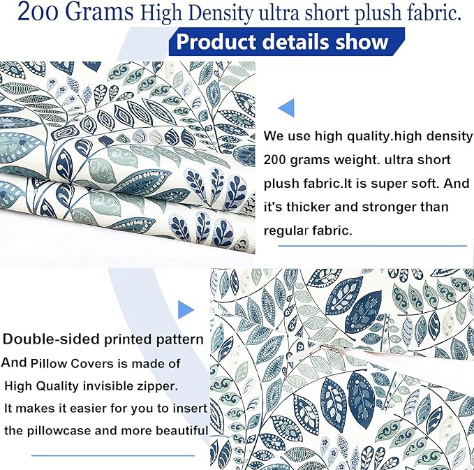 Decorative Throw Pillow Covers Set of 2 Blue Green Small Leaves Pillow Covers 16x16 inch Soft Short Plush Square Floral Throw Pillows,Farmhouse Outdoor Pillow Covers for Couch Living Room