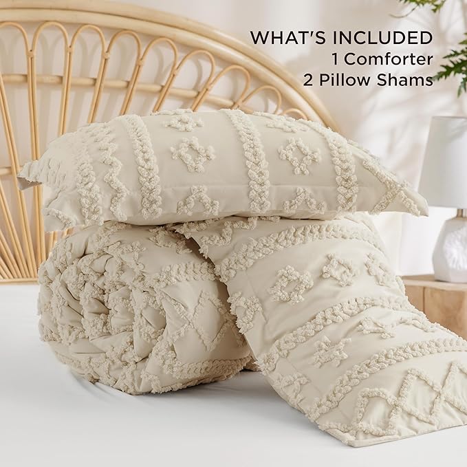 Bedsure Tufted Boho Comforter Set King Size - Beige Boho Bed Set, GentleSoft™ 3 Pieces Farmhouse Shabby Chic Embroidery Bedding, Gifts for Woman, Soft Jacquard King Comforter for All Seasons