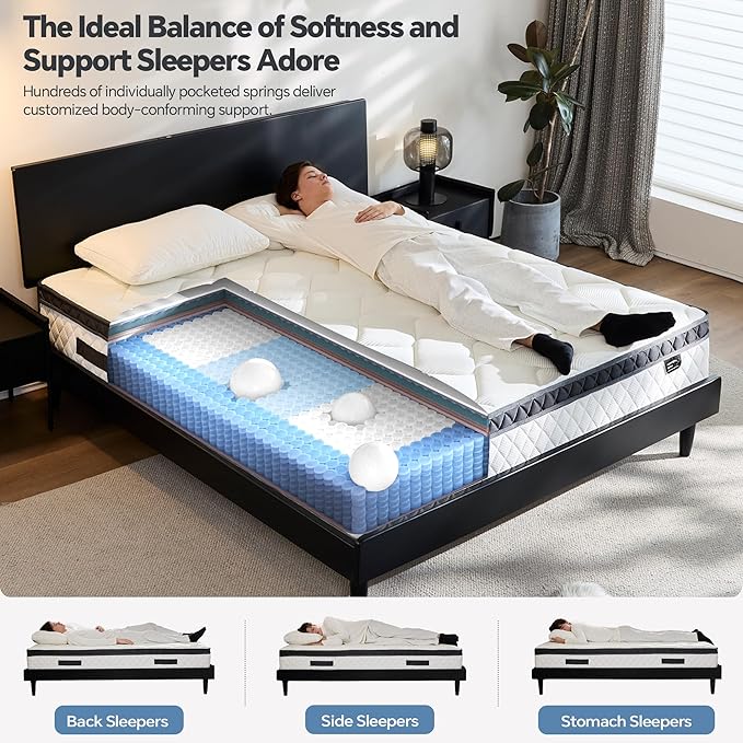 King Size Mattress 10 Inch, Pocket Spring & Memory Foam Hybrid Mattress with 3D Breathable Knitting Fabric