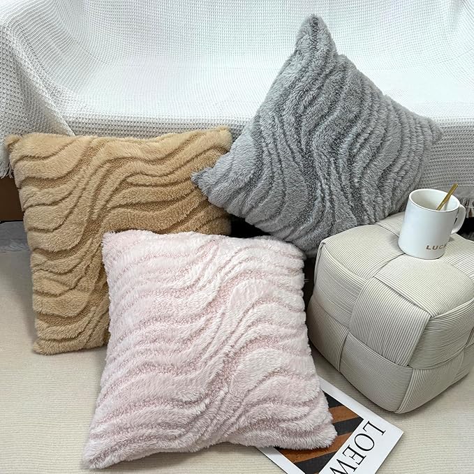 Khaki Pillow Covers 18" x 18" Striped Texture Decorative Pillow Covers for Couch Boho Tufted Fluffy Throw Pillow Covers for Outdoor Bed Sofa Chair Livingroom - 2 Pieces