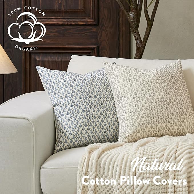 Floral Pillow Covers 24x24 Pillow Cover Block Print Couch Pillows for Living Room Decorative Neutral Accent Throw Pillow Covers, 1PC, Aqua Blue