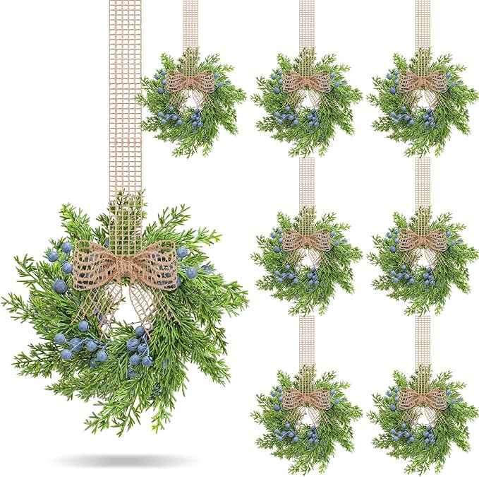 8 Pcs Small Vintage Christmas Cabinet Wreath Artificial Blue Berry Mini Kitchen Wreaths with Retro Burlap Ribbon for Farmhouse Rustic Home Front Door Window Wedding Chair Wall