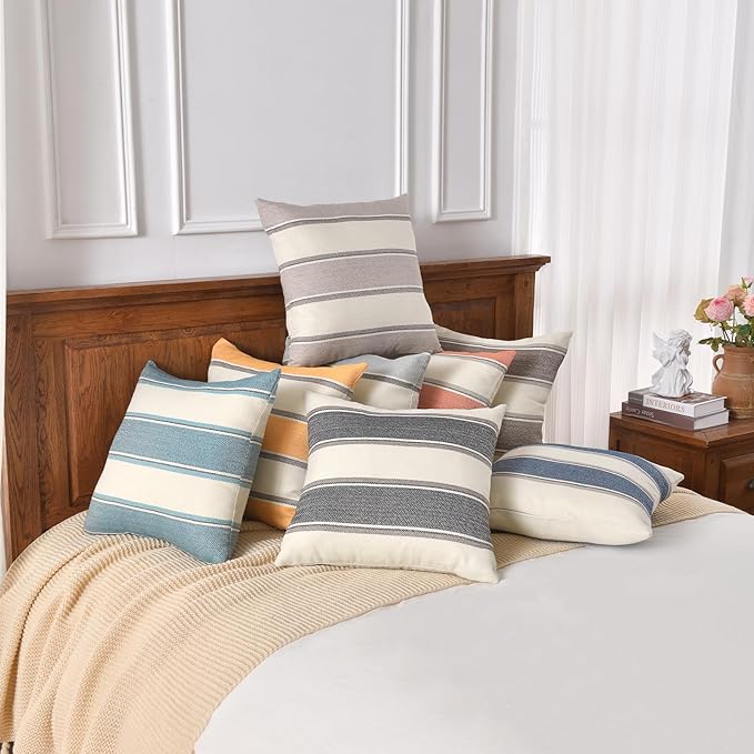 AmHoo Pack of 2 Farmhouse Linen Throw Pillow Cover Cushion Stripe Decoration Buffalo Retro Pillowcase with Hidden Zipper for Sofa Bedroom Car 20 x 20 Inch Burnt Orange