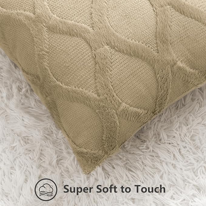 decorUhome Throw Pillow Covers 24x24 Inch Set of 2, Soft Plush Faux Fur Wool Khaki Couch Pillow Covers, Decorative Neutral Pillow Cases for Bed Sofa Living Room Home Decor
