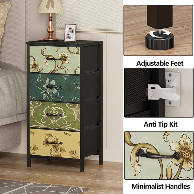 Furnulem 4 Drawer Dresser, Vertical Nightstand for Kids, Adult, Fabric Chest of Drawers for Bedroom, Living Room, Closet, Nusery, Storage Tower Unit Retro Style Furniture, Wood Desk Top