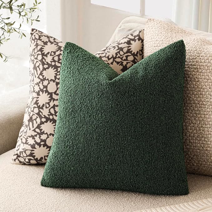 Foindtower Decorative Textured Boucle Throw Pillow Covers Accent Solid Pillow Cases Neutral Soft Cozy Couch Cushion Case for Chair Sofa Bedroom Living Room Home Decor 26x26 Inch,1PC,Pine Green
