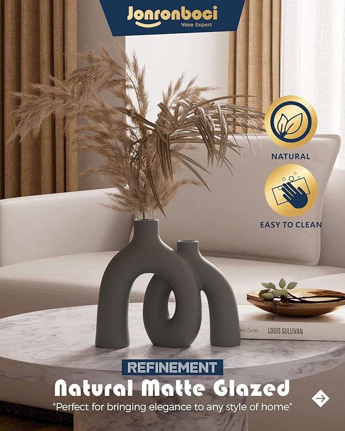 Hug Donut Decorative Vase Set - Dark Gray Modern Minimalism Industrial Style Vases Home Decor, Matte Ceramic Decorations for Living Room Shelf, Bookshelf Mantle Entryway Table or Console Décor(Gray)