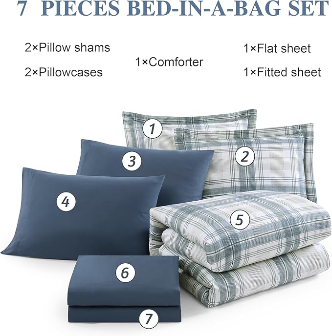 Full Size Comforter Sets, Blue Grey Plaid Bedding Set 7 Piece for Boys Girls Teen, Classic Homestead-Style Kids Comforter Set Bed in A Bag with Sheets, Pillowcases & Shams