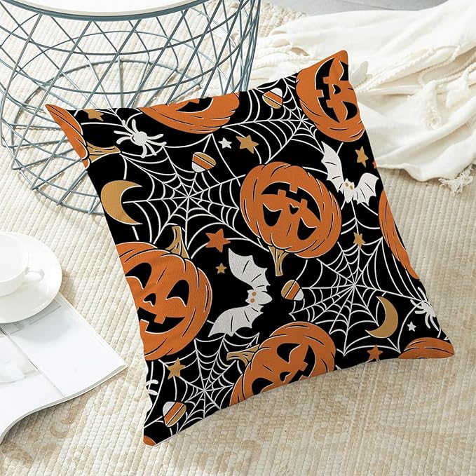 Halloween Pillow Covers 18 x 18 Inch, Burnt Orange Pumpkin Black Spider Webs Bat Decor Throw Pillows for Home Couch Bed, Fall Autumn Holiday Decorative Pillowcase Linen Cushion Cover Set of 2