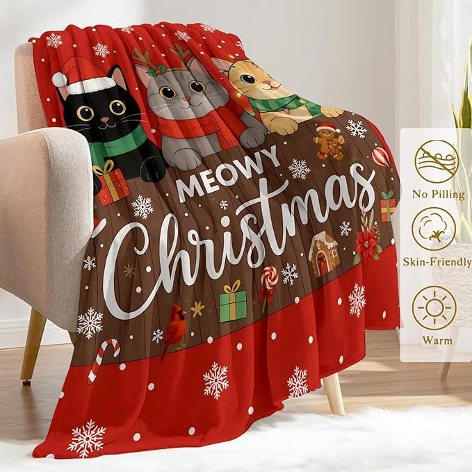 Cat Christmas Decorative Blanket, Kitten with Hat Antler Scarf Print Throw Decoration, Soft Flannel Winter Blankets for Couch Bed Sofa, Holiday Home Decor, Xmas Festival Gifts Red 50x60 Inch