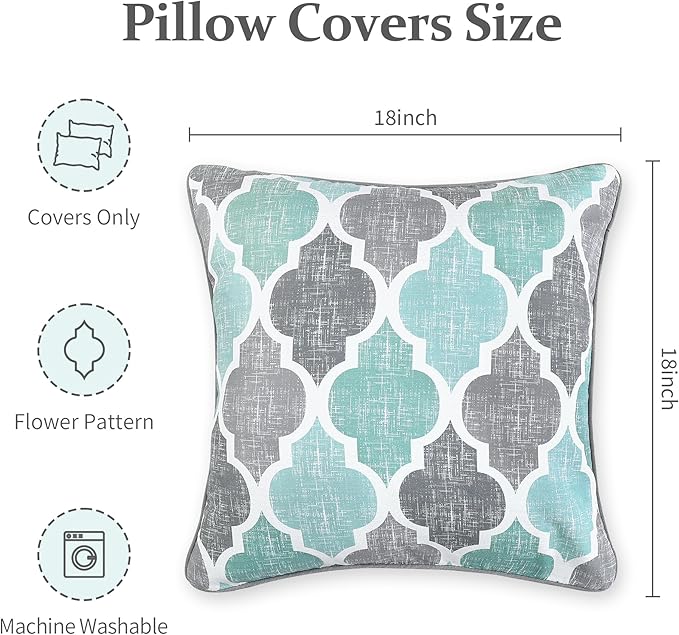 Beauoop Pack of 2 Throw Pillow Cases Covers for Couch Bed Sofa Farmhouse Double Sided Printed Colorful Geometric Trellis Moroccan Pattern Lumbar Pillow Covers, 18 X 18 Inches, Aqua Gray