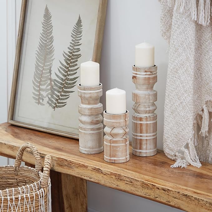 Deco 79 Wood Pillar Candle Holder with White Wash Finish, Set of 3 14", 11", 8"H, Brown