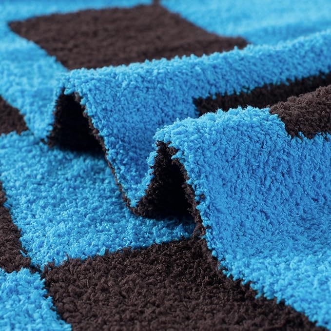 Carriediosa Checkered Throw Blanket 50" X 60", 400GSM Ultra Soft Microfiber Fuzzy Fluffy Reversible Cute Preppy Knitted Blankets Cozy Plush Fall Throws for Couch, Bed, Sofa, Blue and Brown