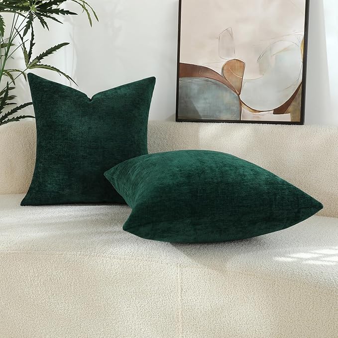 Hunter Green Chenille Decorative Couch Throw Pillow Covers, Soft Cushion Cases for Home Livingroom Sofa Décor, Pack of 2, 18 x 18 Inches