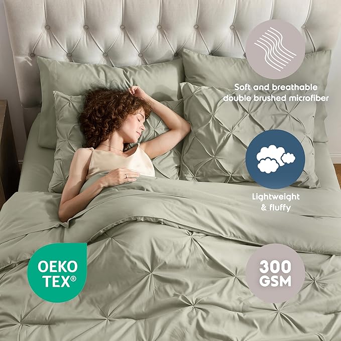 Nestl California King Comforter Set 7 Piece - Pintuck Cal King Comforter Set Light Sage, California King Bed in a Bag, All Season Bed Set with Flat Sheet and Fitted Sheet, Pillowcases and Shams