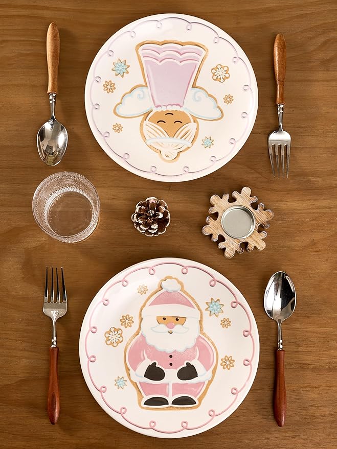 Bico Pastel Gingerbread Man Ceramic 8.75 inch Holiday Salad Plates Set, Set of 4, for salad, appetizer, tapas, Microwave and Dishwasher Safe, Scratch Resistant