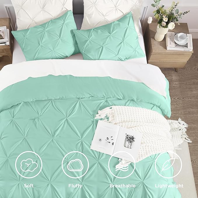 Andency Mint Green Queen Comforter Set, 3 Piece All Season Decorative Pintuck Bedding Comforter & Sets, Mint Green Soft Microfiber Lightweight Washable Bed Set for Queen Size Bed