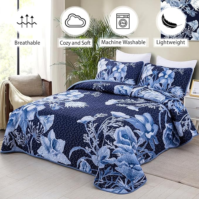 Floral Quilt Set Queen 3 Pieces Navy Blue Floral Quilt Coverlet Set Soft Microfiber Lightweight Navy Blue Quilted Bedspread for All Season 90"x96"